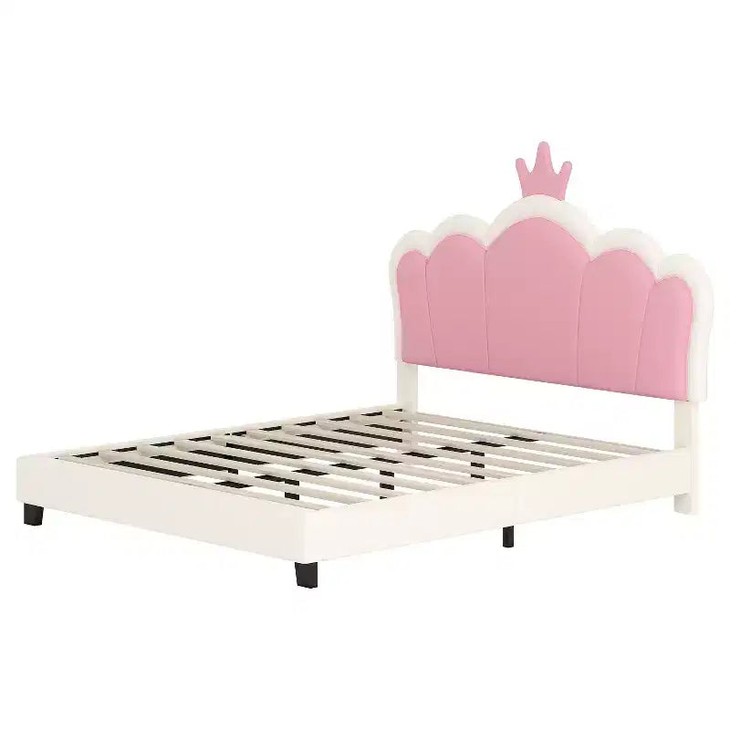 Lit princesse double/grand avec tête de lit couronne, cadre de lit plateforme en cuir PU rose pour chambre d'enfant