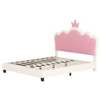 Lit princesse double/grand avec tête de lit couronne, cadre de lit plateforme en cuir PU rose pour chambre d'enfant