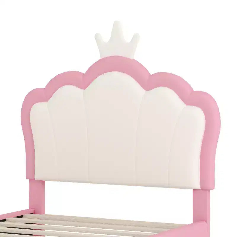 Lit princesse double/grand avec tête de lit couronne, cadre de lit plateforme en cuir PU rose pour chambre d'enfant