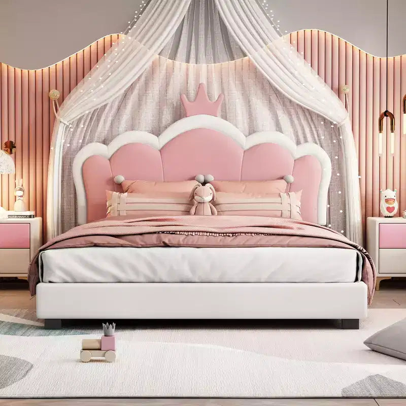 Lit princesse double/grand avec tête de lit couronne, cadre de lit plateforme en cuir PU rose pour chambre d'enfant