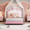 Twin/Full Princess Bed with Crown Headboard, PU Leather Pink Platform Bed Frame for Kids Bedroom