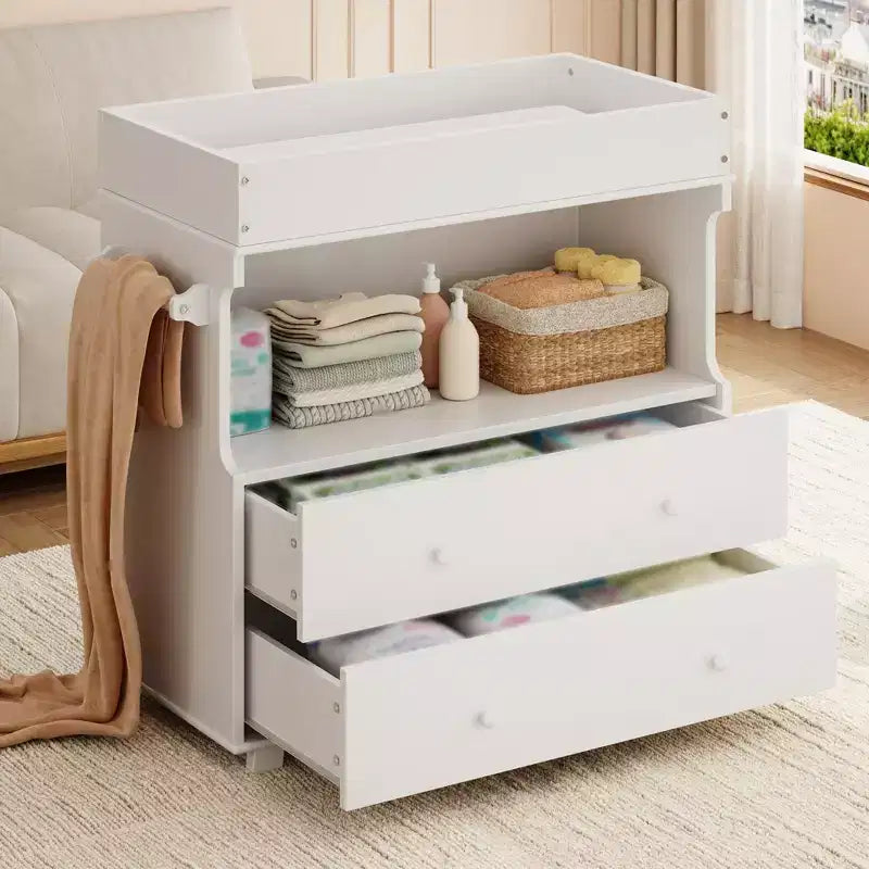 Table à langer en bois, commode à langer avec 2 tiroirs et étagères, station à langer multifonctionnelle pour chambre, chambre d'enfant, crèche