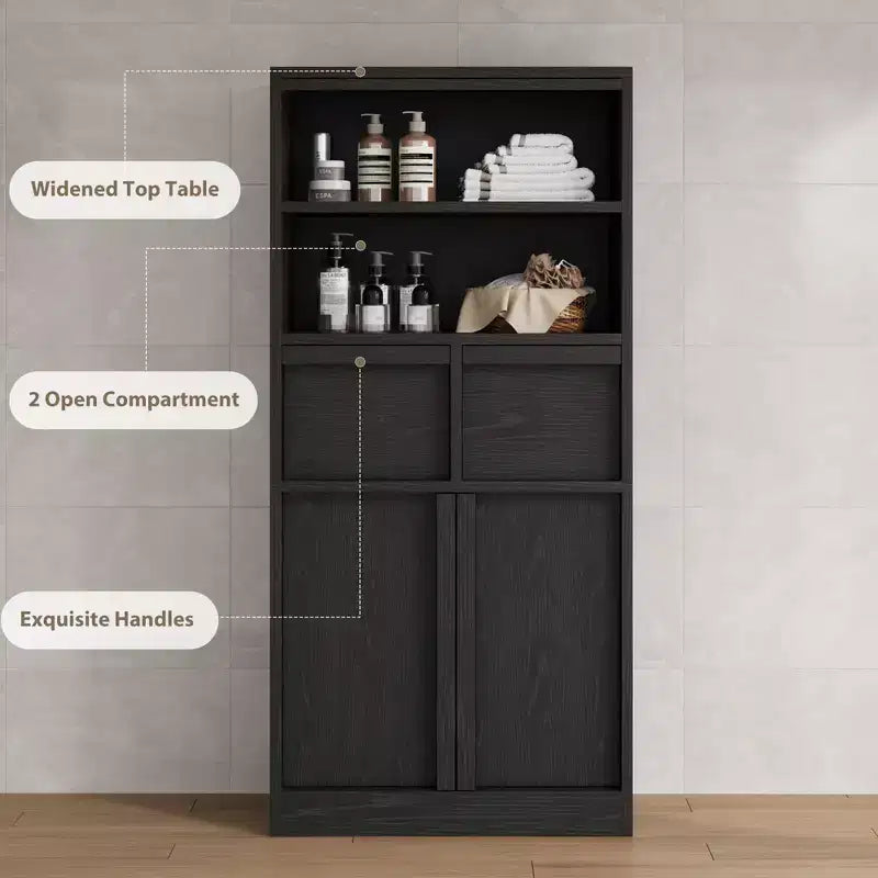 Meuble haut de salle de bain, meuble de rangement au sol avec portes et 2 tiroirs, meuble de rangement de salle de bain autonome de 130 cm de hauteur pour salle de bain, salon, cuisine