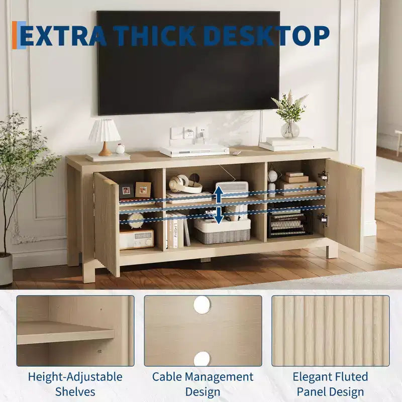 Meuble TV cannelé pour téléviseur de 65 pouces, console moderne avec étagères ouvertes, meuble de divertissement robuste, pour salon, chambre à coucher