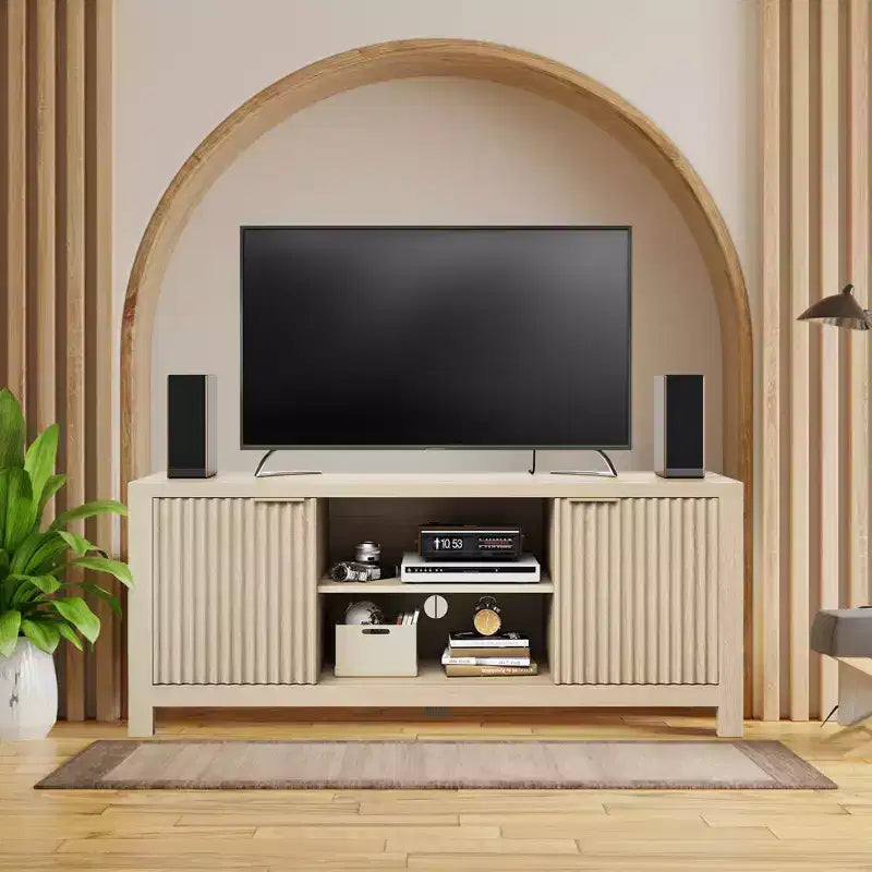 Meuble TV cannelé pour téléviseur de 65 pouces, console moderne avec étagères ouvertes, meuble de divertissement robuste, pour salon, chambre à coucher