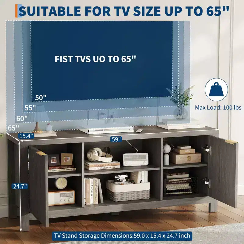 Meuble TV cannelé pour téléviseur de 65 pouces, console moderne avec étagères ouvertes, meuble de divertissement robuste, pour salon, chambre à coucher