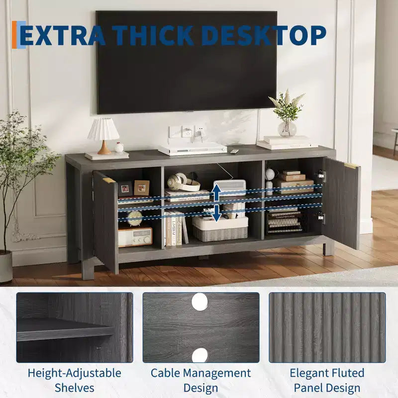 Meuble TV cannelé pour téléviseur de 65 pouces, console moderne avec étagères ouvertes, meuble de divertissement robuste, pour salon, chambre à coucher