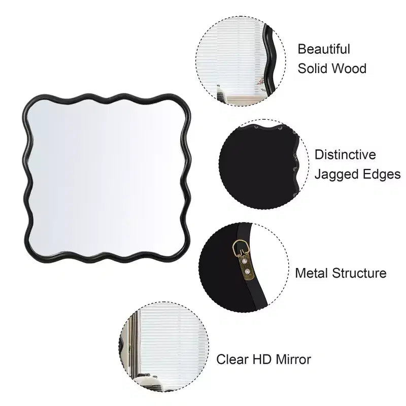Miroir mural ondulé avec bord biseauté en bois, s'accroche horizontalement ou verticalement, idéal pour la salle de bain, la coiffeuse ou la décoration du salon.