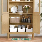 MAYEERTY 71 Armoires de rangement hautes arquées, Meuble de cuisine moderne avec porte vitrée, Pieds en bois massif, Étagères pour salon, Naturel