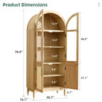 MAYEERTY 71 Armoires de rangement hautes arquées, Meuble de cuisine moderne avec porte vitrée, Pieds en bois massif, Étagères pour salon, Naturel