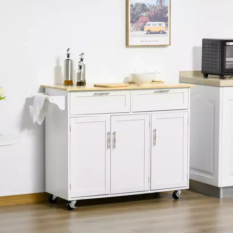 Okak Modern Kitchen Island with Wooden Top, Kitchen Cart with Storage Drawers and Adjustable Shelves, Rolling Kitchen Island for Home, White