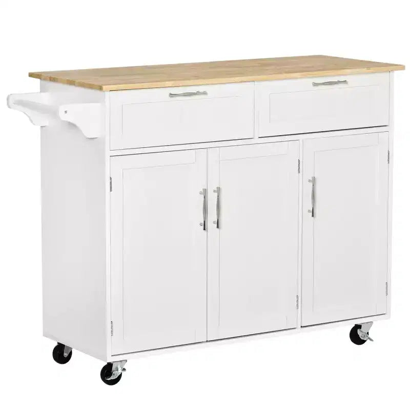 Okak Îlot de cuisine moderne avec plateau en bois, Chariot de cuisine avec tiroirs de rangement et étagères réglables, Îlot de cuisine roulant pour la maison, Blanc
