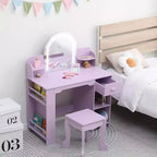 Coiffeuse pour fille avec lumières, Ensemble table et chaise de coiffeuse pour enfants pour princesse, Bureau de coiffeuse pour tout-petits avec étagère ouverte, Armoire de rangement et étagères latérales