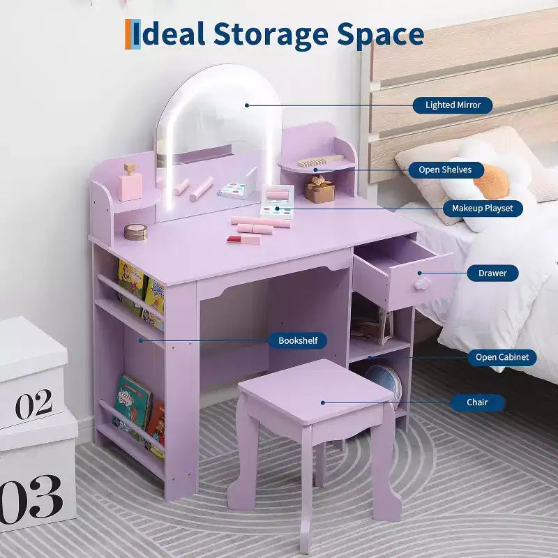 Coiffeuse pour fille avec lumières, Ensemble table et chaise de coiffeuse pour enfants pour princesse, Bureau de coiffeuse pour tout-petits avec étagère ouverte, Armoire de rangement et étagères latérales