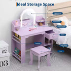 Coiffeuse pour fille avec lumières, Ensemble table et chaise de coiffeuse pour enfants pour princesse, Bureau de coiffeuse pour tout-petits avec étagère ouverte, Armoire de rangement et étagères latérales