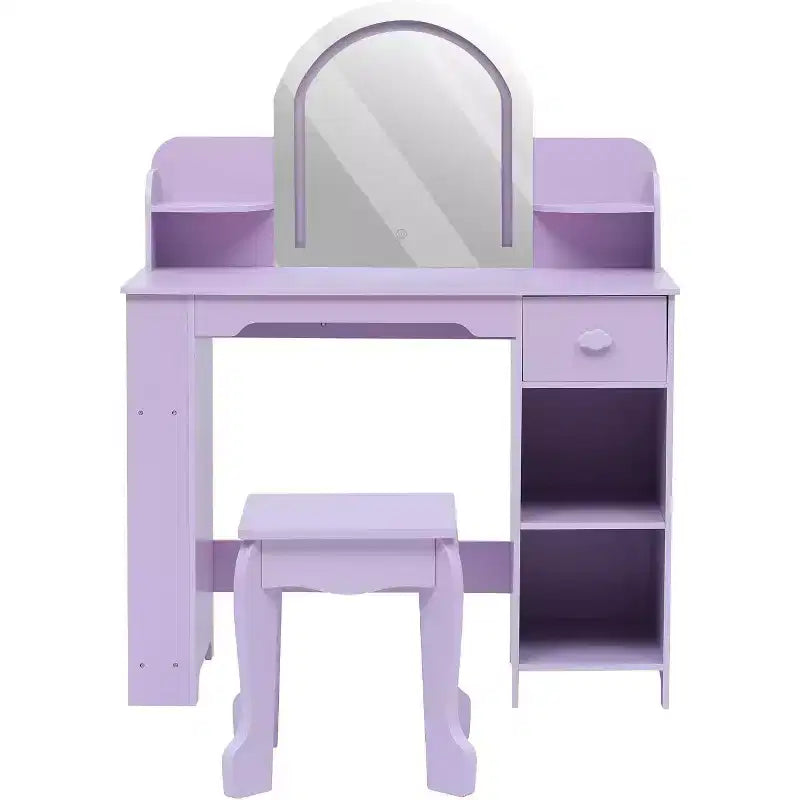 Coiffeuse pour fille avec lumières, Ensemble table et chaise de coiffeuse pour enfants pour princesse, Bureau de coiffeuse pour tout-petits avec étagère ouverte, Armoire de rangement et étagères latérales