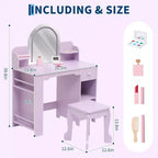 Coiffeuse pour fille avec lumières, Ensemble table et chaise de coiffeuse pour enfants pour princesse, Bureau de coiffeuse pour tout-petits avec étagère ouverte, Armoire de rangement et étagères latérales