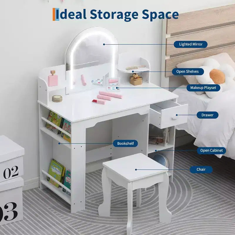 Coiffeuse pour fille avec lumières, Ensemble table et chaise de coiffeuse pour enfants pour princesse, Bureau de coiffeuse pour tout-petits avec étagère ouverte, Armoire de rangement et étagères latérales