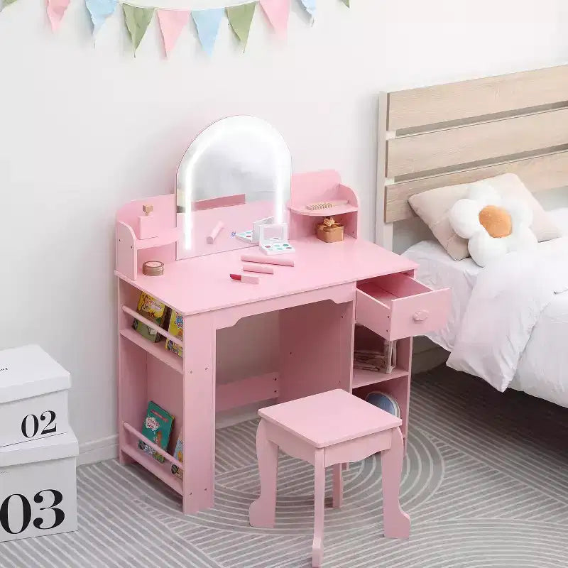 Coiffeuse pour fille avec lumières, Ensemble table et chaise de coiffeuse pour enfants pour princesse, Bureau de coiffeuse pour tout-petits avec étagère ouverte, Armoire de rangement et étagères latérales