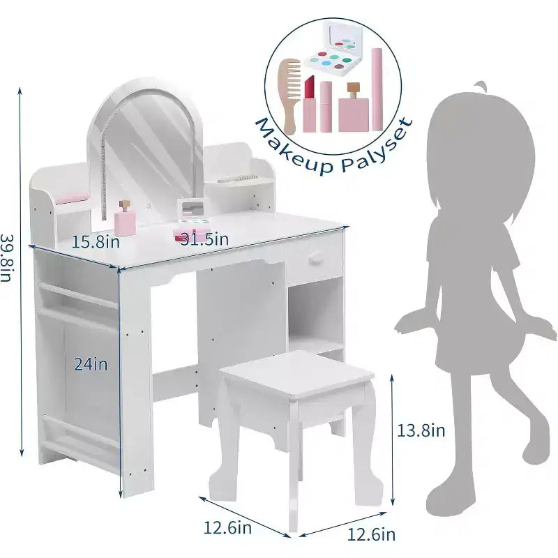 Coiffeuse pour fille avec lumières, Ensemble table et chaise de coiffeuse pour enfants pour princesse, Bureau de coiffeuse pour tout-petits avec étagère ouverte, Armoire de rangement et étagères latérales