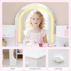 Coiffeuse pour fille avec lumières, Ensemble table et chaise de coiffeuse pour enfants pour princesse, Bureau de coiffeuse pour tout-petits avec étagère ouverte, Armoire de rangement et étagères latérales