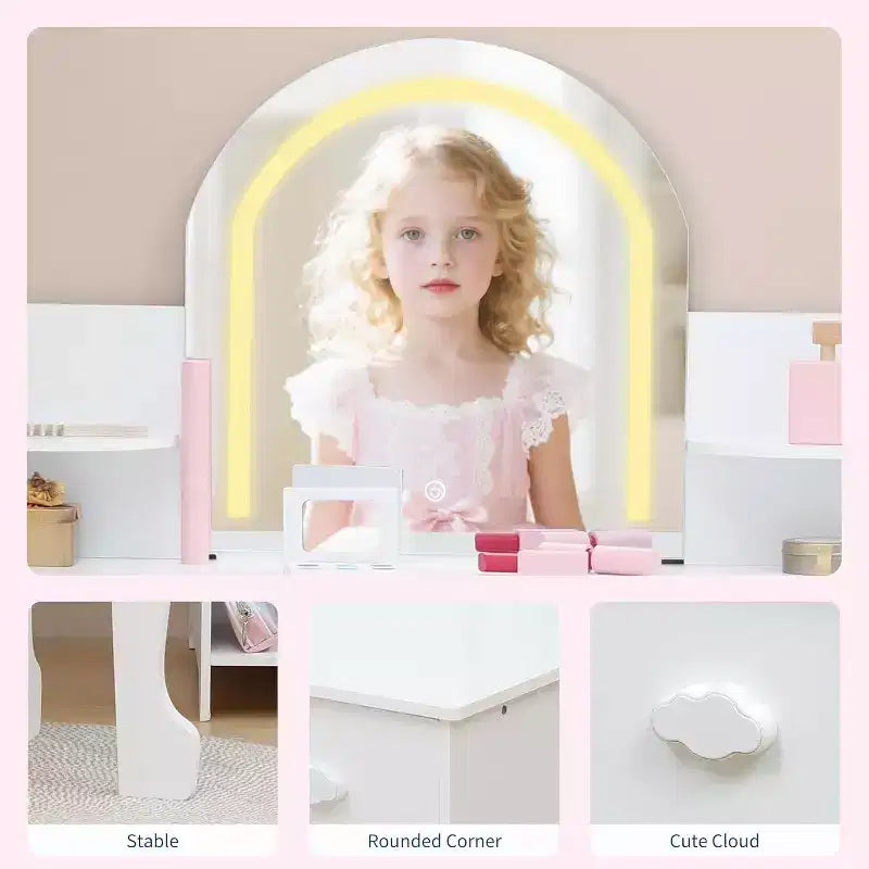 Coiffeuse pour fille avec lumières, Ensemble table et chaise de coiffeuse pour enfants pour princesse, Bureau de coiffeuse pour tout-petits avec étagère ouverte, Armoire de rangement et étagères latérales