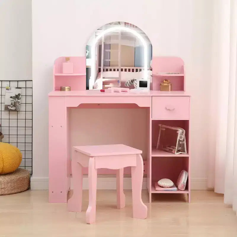 Coiffeuse pour fille avec lumières, Ensemble table et chaise de coiffeuse pour enfants pour princesse, Bureau de coiffeuse pour tout-petits avec étagère ouverte, Armoire de rangement et étagères latérales