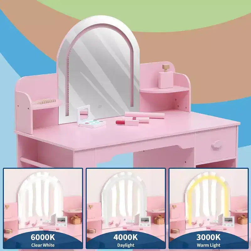 Coiffeuse pour fille avec lumières, Ensemble table et chaise de coiffeuse pour enfants pour princesse, Bureau de coiffeuse pour tout-petits avec étagère ouverte, Armoire de rangement et étagères latérales