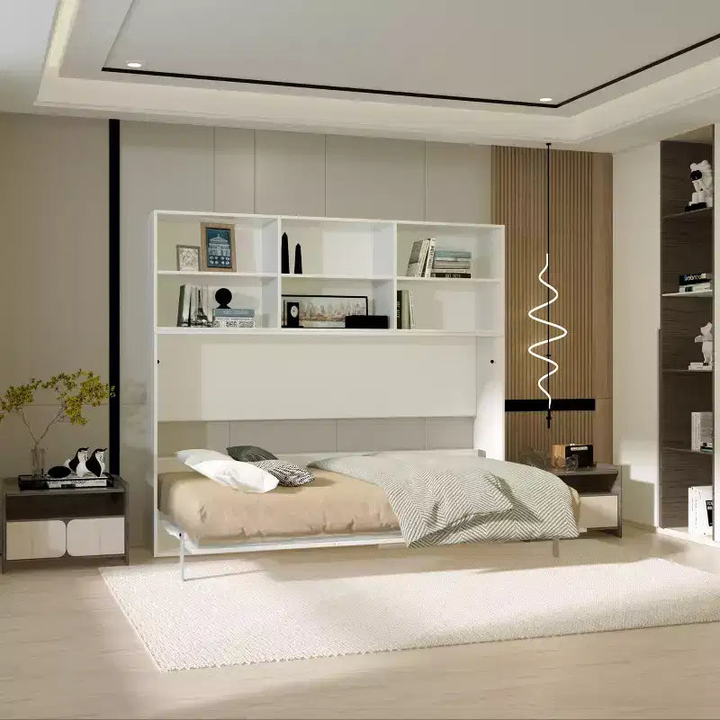Lit mural horizontal simple avec étagère de rangement à 2 niveaux et vérins à gaz dissimulés - Meuble peu encombrant pour enfants