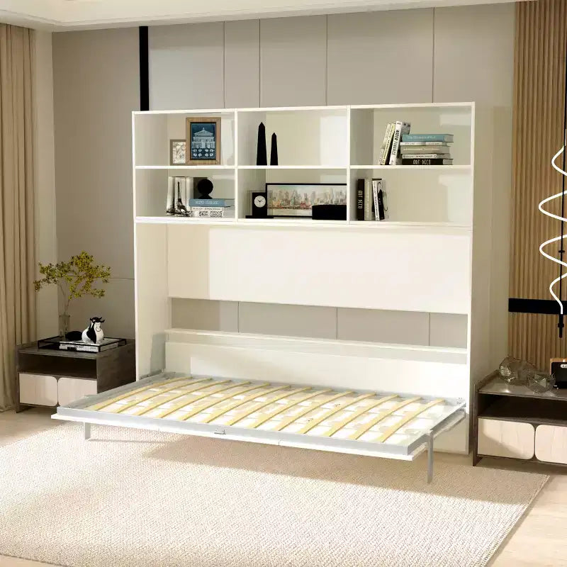 Lit mural horizontal simple avec étagère de rangement à 2 niveaux et vérins à gaz dissimulés - Meuble peu encombrant pour enfants