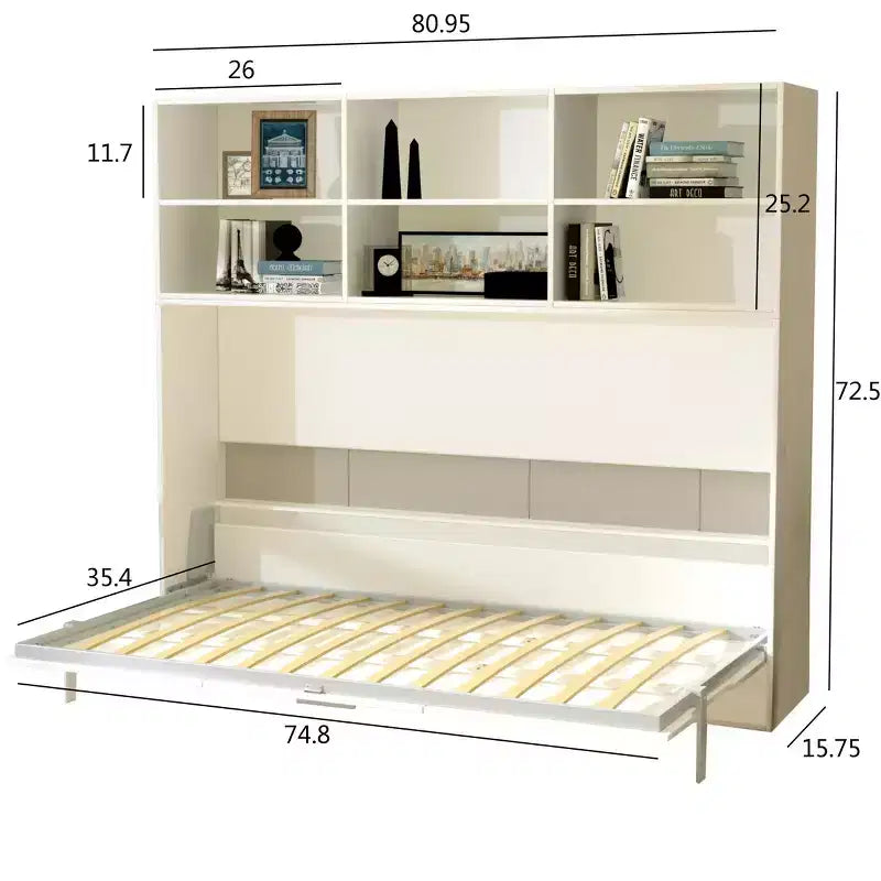 Lit mural horizontal simple avec étagère de rangement à 2 niveaux et vérins à gaz dissimulés - Meuble peu encombrant pour enfants