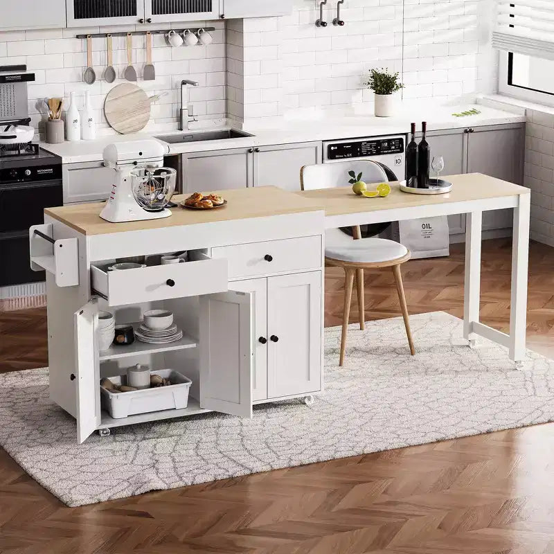 Îlot de cuisine et chariot de rangement Whisen 74.5 avec table à manger extensible, étagère à épices et 2 tiroirs