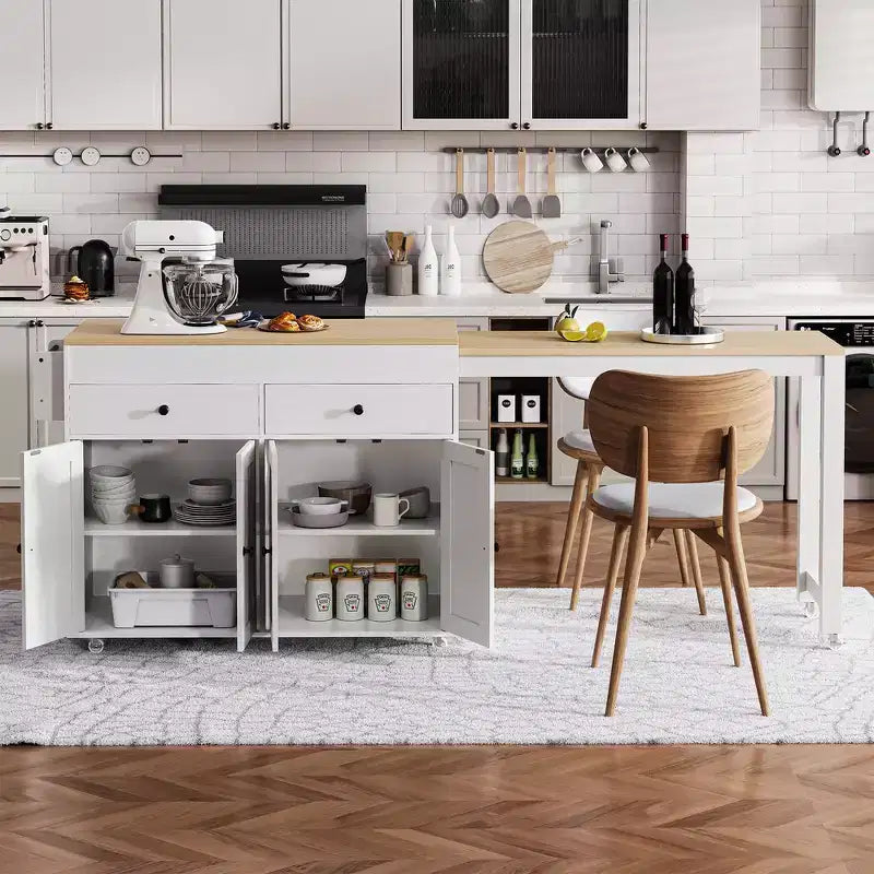 Îlot de cuisine et chariot de rangement Whisen 74.5 avec table à manger extensible, étagère à épices et 2 tiroirs