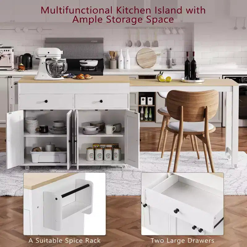Îlot de cuisine et chariot de rangement Whisen 74.5 avec table à manger extensible, étagère à épices et 2 tiroirs