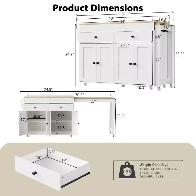 Îlot de cuisine et chariot de rangement Whisen 74.5 avec table à manger extensible, étagère à épices et 2 tiroirs