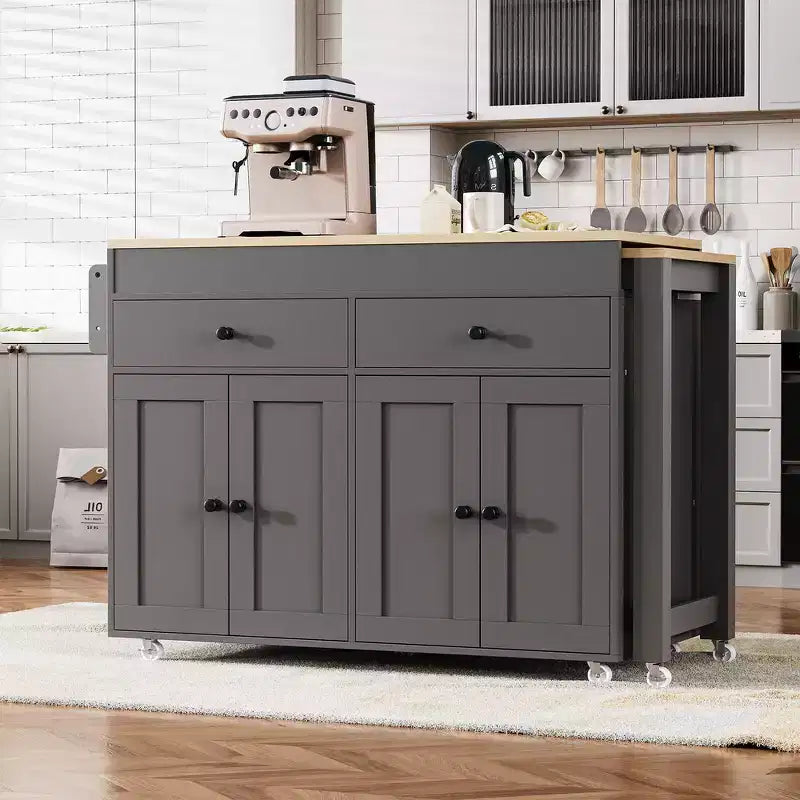 Îlot de cuisine et chariot de rangement Whisen 74.5 avec table à manger extensible, étagère à épices et 2 tiroirs