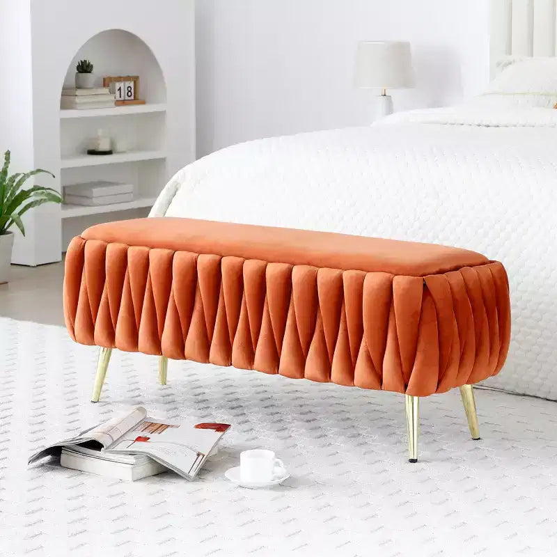 Banc de rangement, banc d'entrée, banc de bout de lit, ottoman, banc de chambre en velours capitonné avec pieds dorés 40 Noir