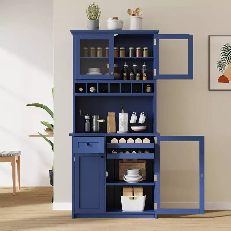 Buffet autoportant Whisen avec huche, armoire de rangement haute de cuisine avec casier à vin et étagères réglables