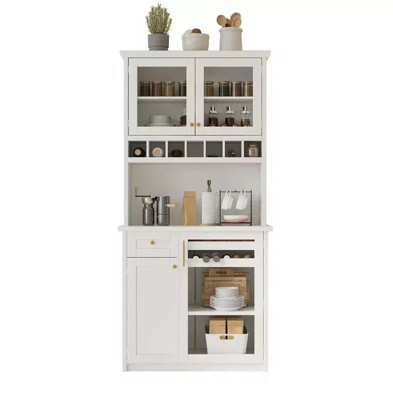 Buffet autoportant Whisen avec huche, armoire de rangement haute de cuisine avec casier à vin et étagères réglables