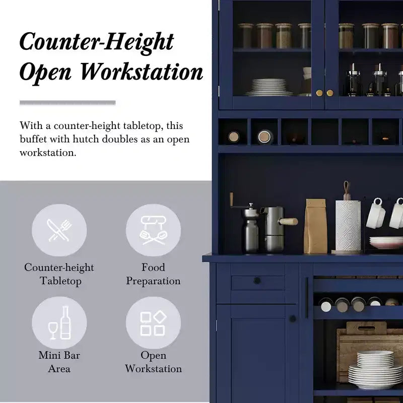 Buffet autoportant Whisen avec huche, armoire de rangement haute de cuisine avec casier à vin et étagères réglables