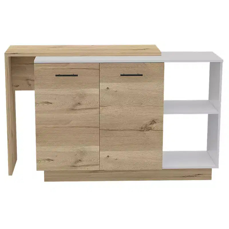 Îlot de cuisine moderne Okak avec plateau au design unique, table îlot de cuisine avec 2 portes et 2 tiroirs, organisateur de comptoir pour la cuisine