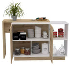 Îlot de cuisine moderne Okak avec plateau au design unique, table îlot de cuisine avec 2 portes et 2 tiroirs, organisateur de comptoir pour la cuisine