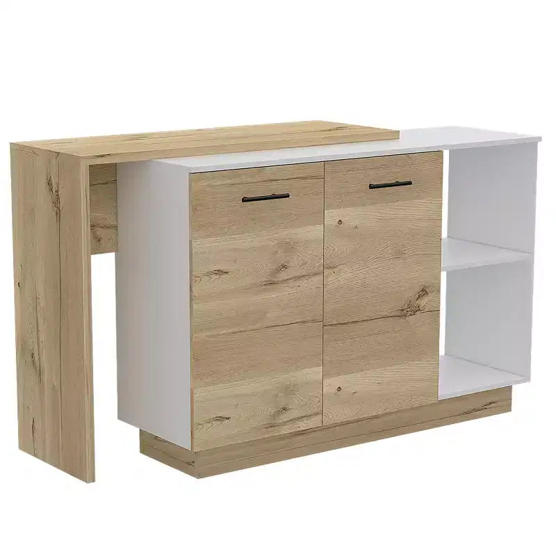 Îlot de cuisine moderne Okak avec plateau au design unique, table îlot de cuisine avec 2 portes et 2 tiroirs, organisateur de comptoir pour la cuisine