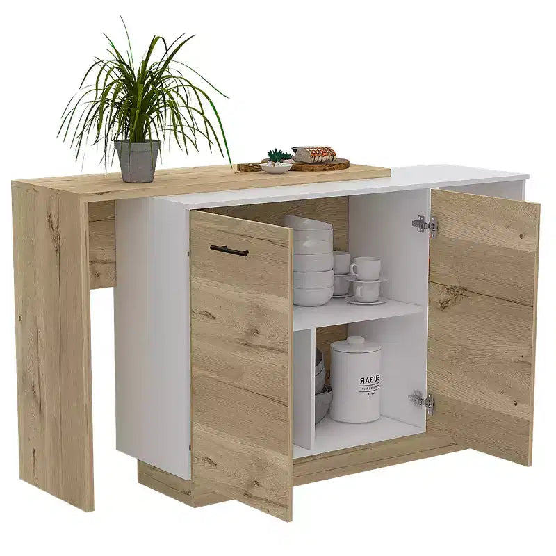 Îlot de cuisine moderne Okak avec plateau au design unique, table îlot de cuisine avec 2 portes et 2 tiroirs, organisateur de comptoir pour la cuisine