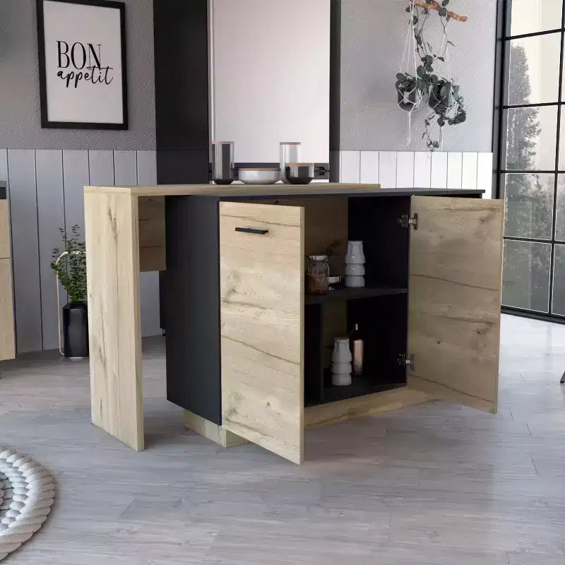 Îlot de cuisine moderne Okak avec plateau au design unique, table îlot de cuisine avec 2 portes et 2 tiroirs, organisateur de comptoir pour la cuisine