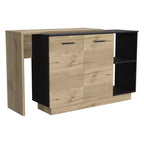 Îlot de cuisine moderne Okak avec plateau au design unique, table îlot de cuisine avec 2 portes et 2 tiroirs, organisateur de comptoir pour la cuisine