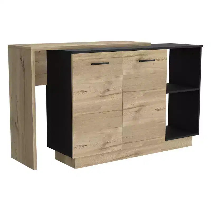 Îlot de cuisine moderne Okak avec plateau au design unique, table îlot de cuisine avec 2 portes et 2 tiroirs, organisateur de comptoir pour la cuisine