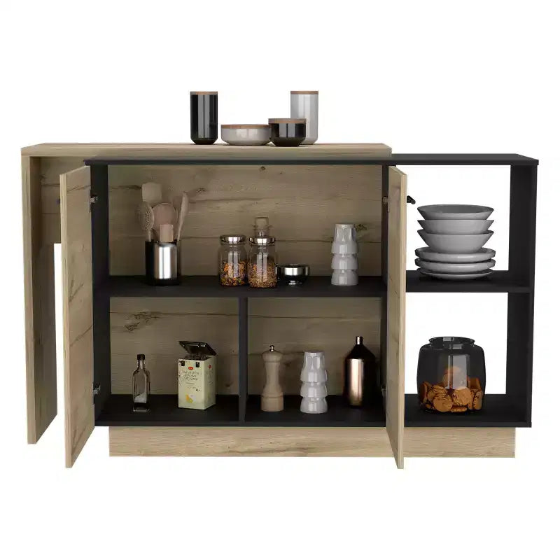Îlot de cuisine moderne Okak avec plateau au design unique, table îlot de cuisine avec 2 portes et 2 tiroirs, organisateur de comptoir pour la cuisine