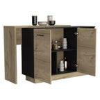 Îlot de cuisine moderne Okak avec plateau au design unique, table îlot de cuisine avec 2 portes et 2 tiroirs, organisateur de comptoir pour la cuisine