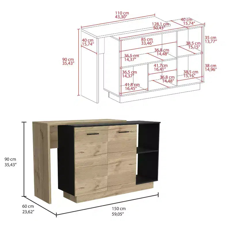 Îlot de cuisine moderne Okak avec plateau au design unique, table îlot de cuisine avec 2 portes et 2 tiroirs, organisateur de comptoir pour la cuisine